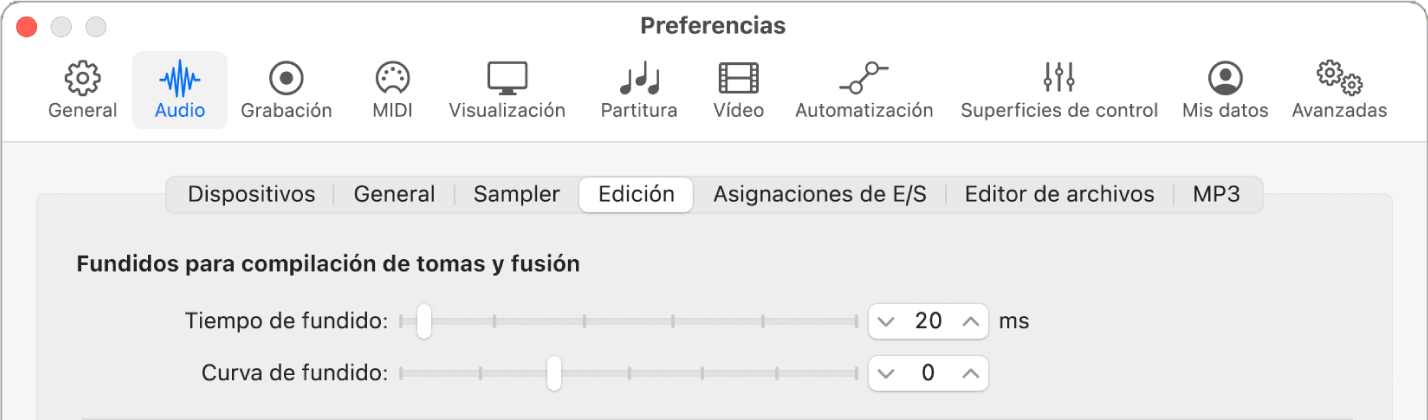 Ilustración. Preferencias de edición de Audio con parámetros de fundido cruzado.