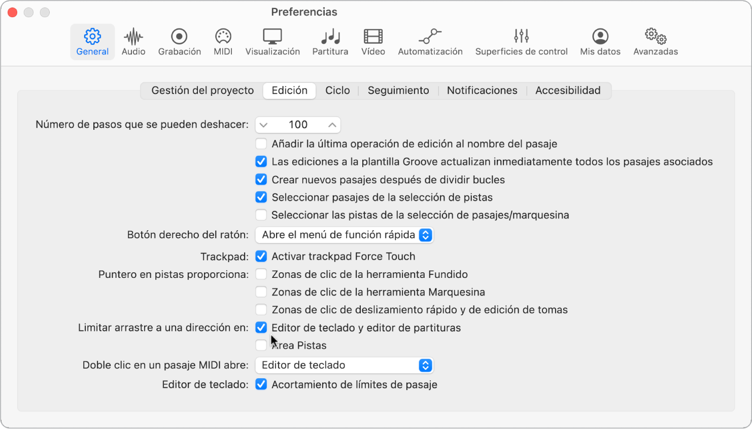 Ilustración. Preferencias generales de Edición con opciones para restringir los movimientos de arrastre de notas.