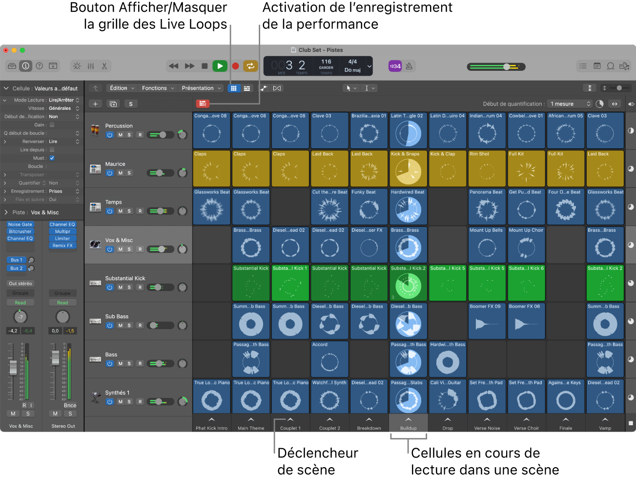 Figure. Grille des Live Loops avec des cellules en cours de lecture.