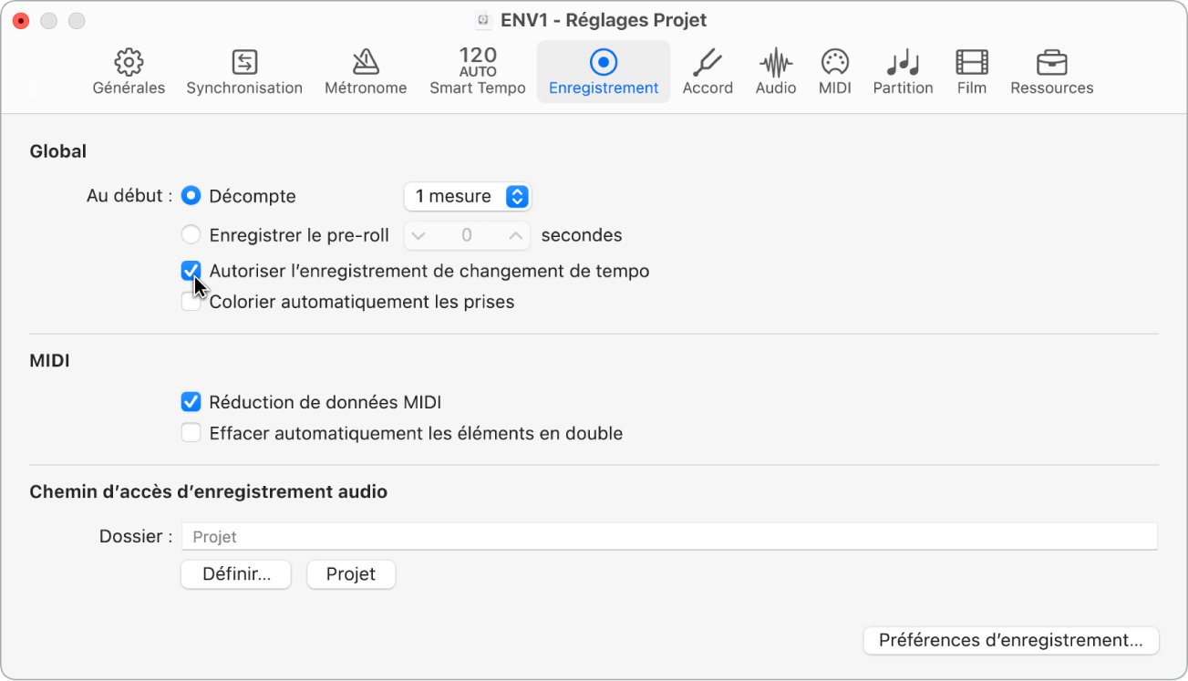 Figure. Sous-fenêtre Enregistrement des réglages de projet.