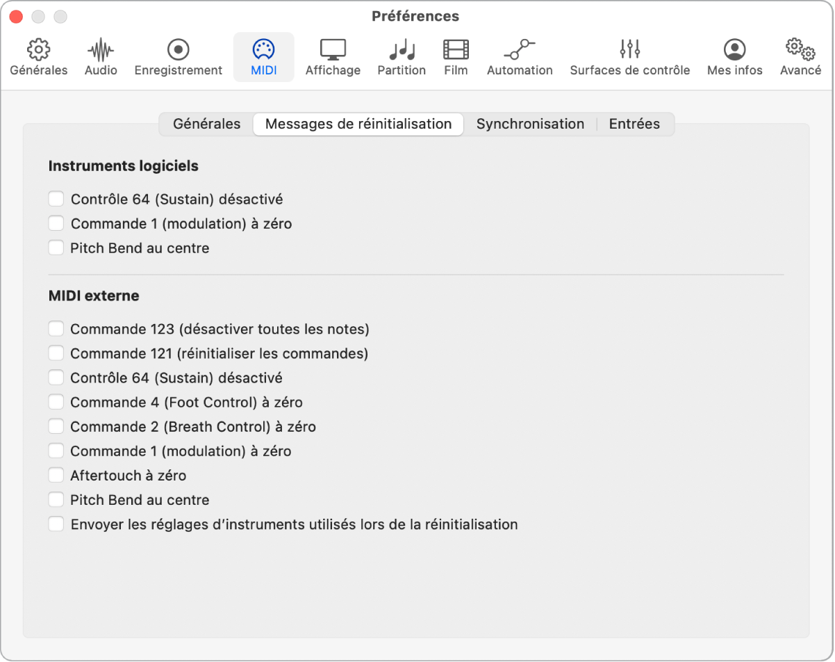 Figure. Préférences des messages de réinitialisation MIDI.