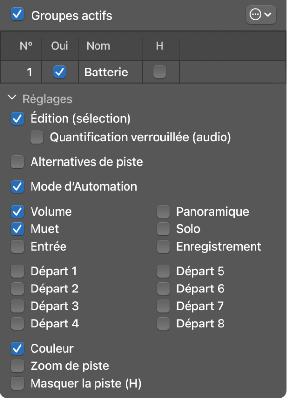Figure. Menu Groupes avec sélection des options Édition et Quantification verrouillée (audio).