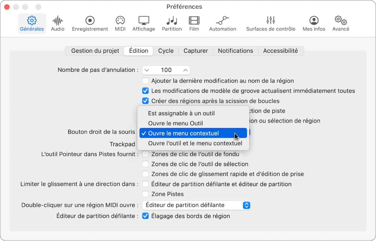 Figure. Menu « Bouton droit de la souris » dans la sous-fenêtre Édition des préférences Général.