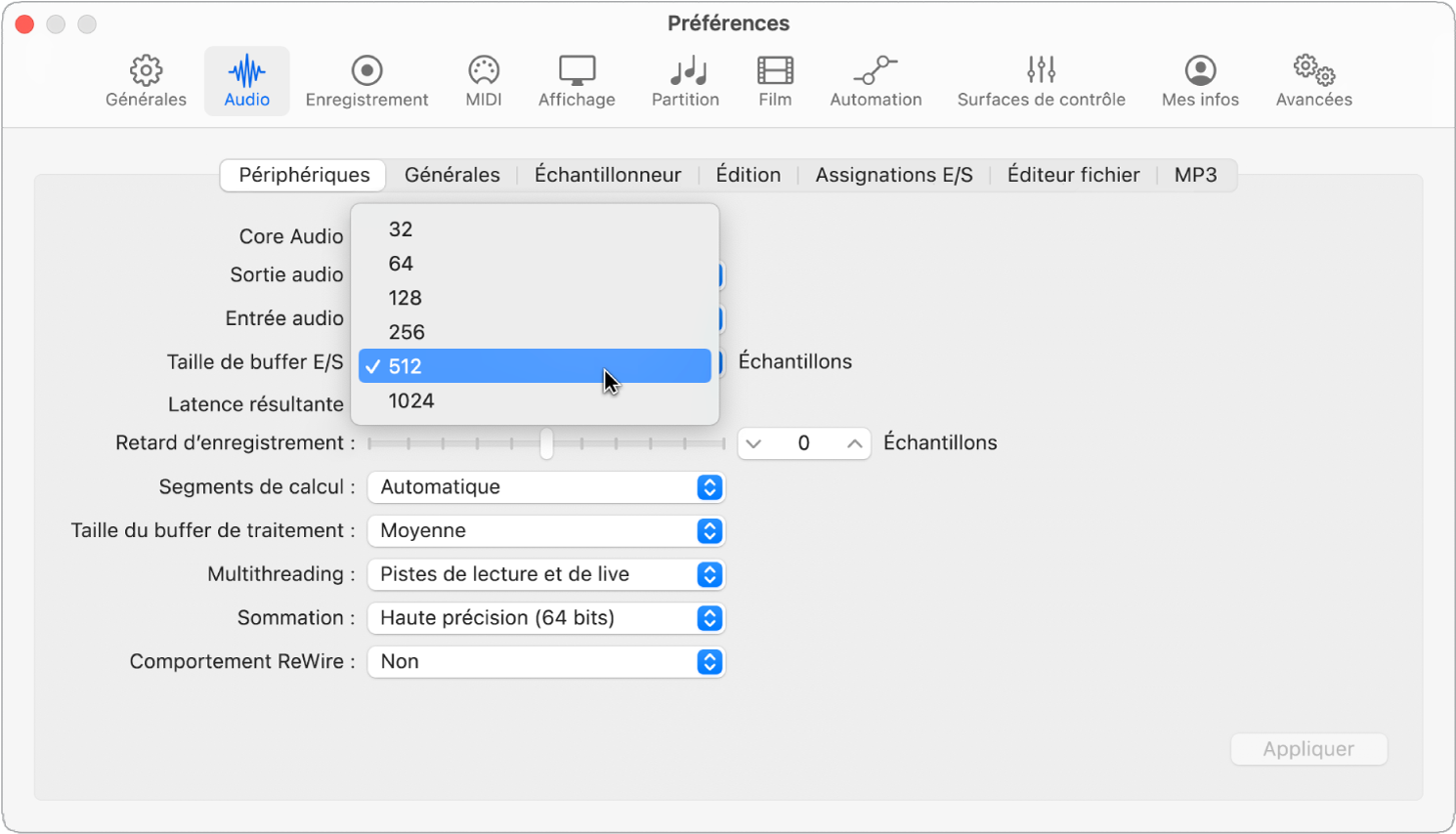 Figure. Réglage de la taille de buffer E/S dans les préférences de Logic Pro.
