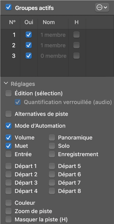Figure. Fenêtre des réglages de groupe.