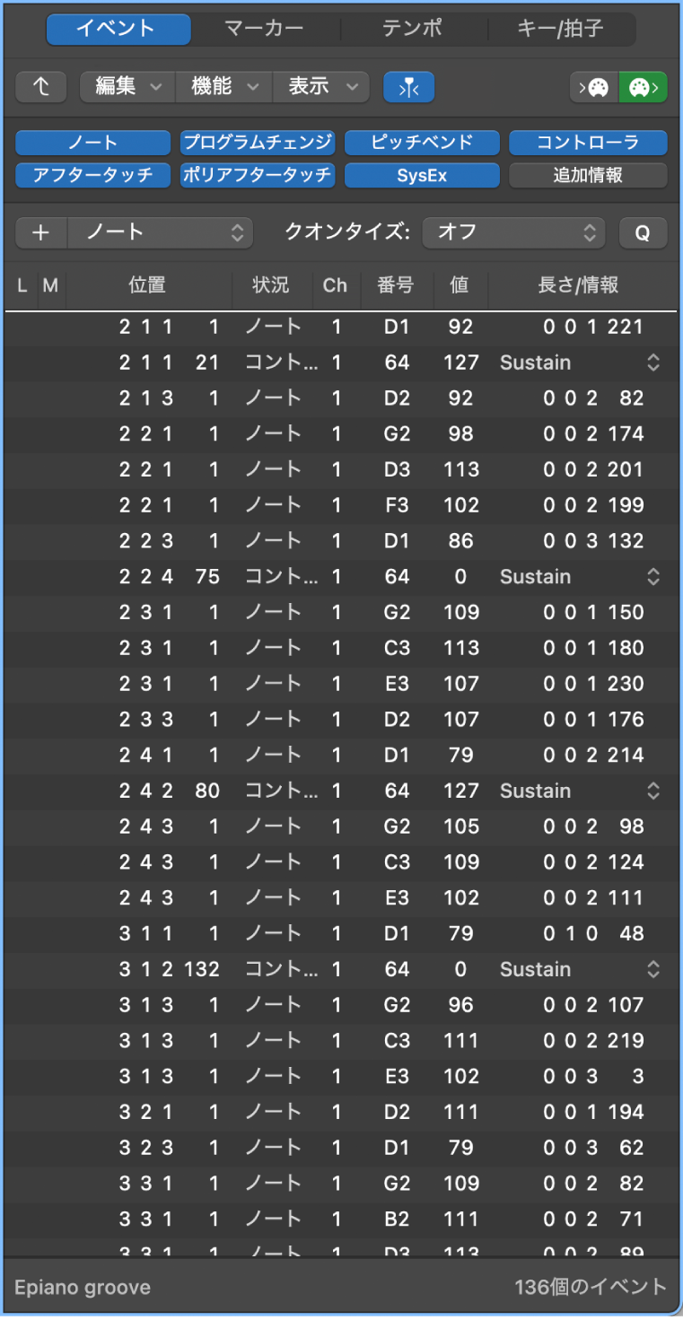 図。「イベントリスト」パネルが表示されたリスト領域。