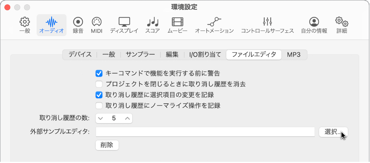 図。「オーディオ」環境設定の「サンプルエディタ」パネル。