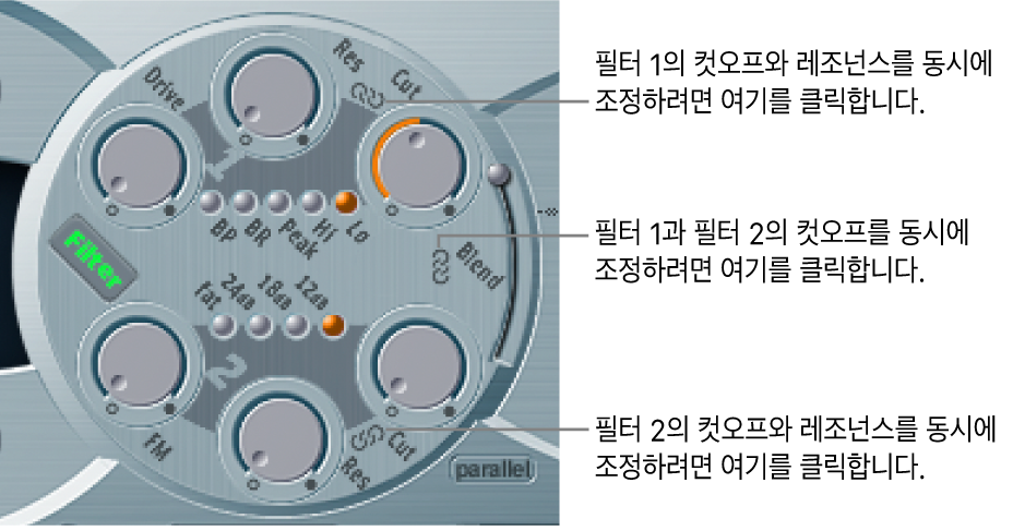 그림. 여러 개의 파라미터를 동시에 제어할 수 있는 필터와 파라미터 간의 체인 아이콘을 나타내는 필터 파라미터