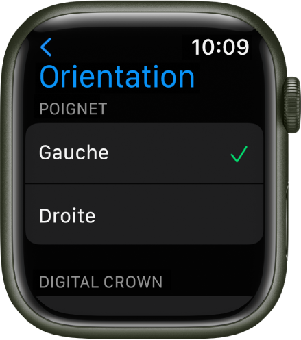 L’écran Orientation sur l’Apple Watch. Vous pouvez définir vos préférences relatives au poignet et à la couronne Digital Crown.