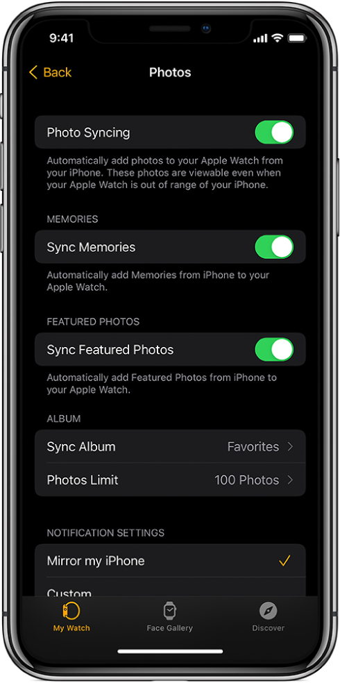 Nastavitve v možnosti Photos (Fotografije) v aplikaciji Apple Watch v napravi iPhone z nastavitvama Photo Syncing (Sinhronizacija fotografij) na sredini in Photos Limit (Omejitev fotografij) pod njo.