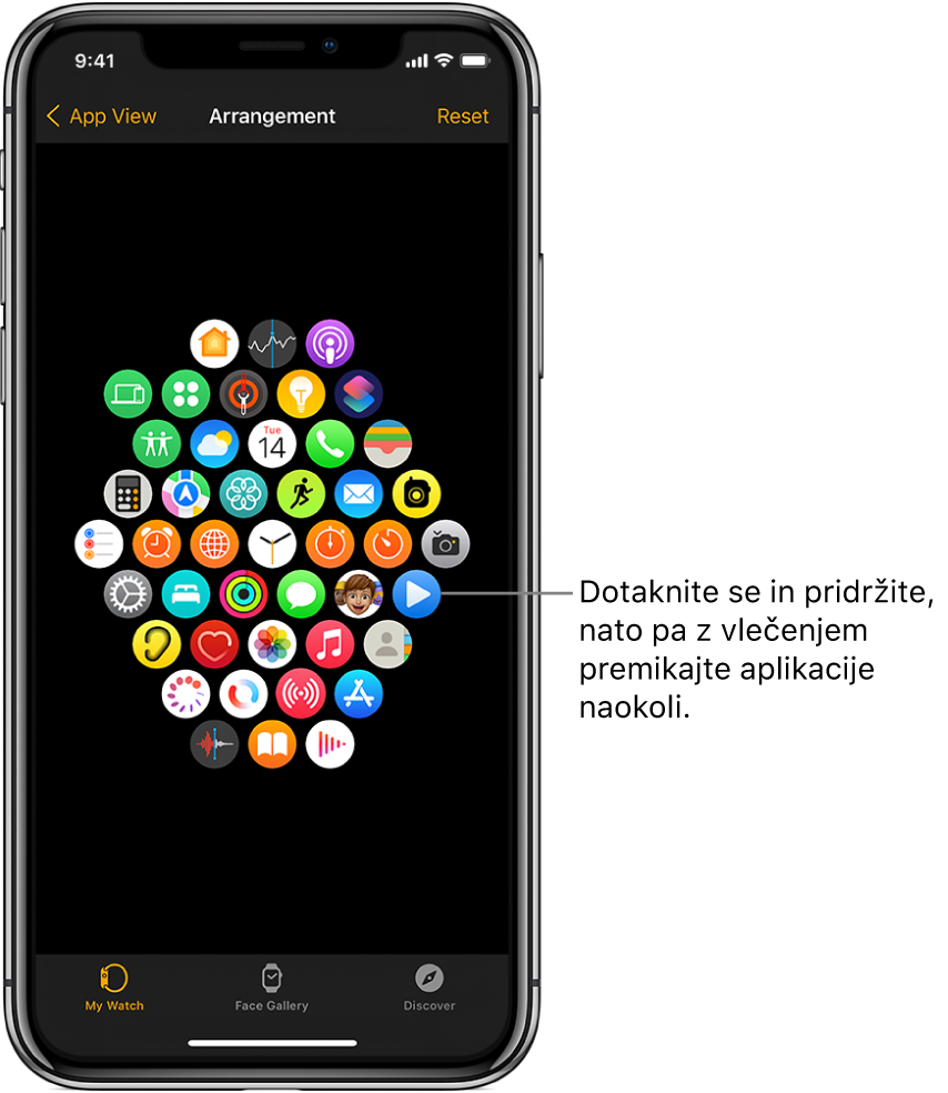 Zaslon Arrangement (Razporeditev) v aplikaciji Apple Watch, ki prikazuje mrežo ikon.