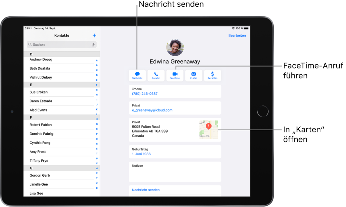 Der Bildschirm „Kontakte“ mit der Kontaktliste auf der linken Seite und der ausgewählten Kontaktkarte auf der rechten Seite. Unter dem Foto und dem Namen des Kontakts befinden sich die Tasten zum Senden einer Nachricht, zum Tätigen eines Telefon- oder FaceTime-Anrufs sowie zum Senden einer E-Mail-Nachricht und von Geldbeträgen mit Apple Pay. Unter den Tasten sind die Informationen des Kontakts zu sehen.