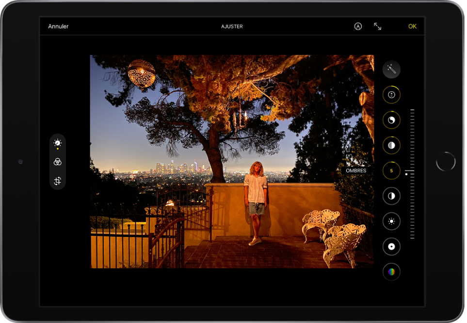 L’écran Modifier avec une photo au centre. À gauche de la photo se trouvent les boutons Modifier, Filtres et Recadrer ; le bouton Modifier est sélectionné. À droite de la photo se trouvent les boutons pour modifier les effets et un curseur pour ajuster le niveau de chaque effet. Dans le coin supérieur gauche se trouve le bouton Annuler et dans le coin supérieur droit se trouvent les boutons Annoter, « Activer le mode plein écran » et OK.