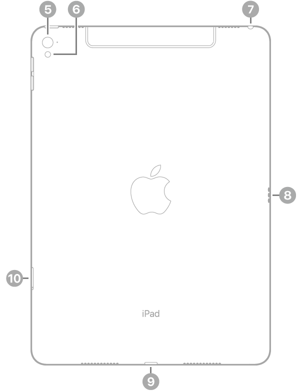 La vue de dos de l’iPad Pro, avec des légendes liées à l’appareil photo arrière et au flash en haut à gauche, à la prise casque en haut à droite, au Smart Connector à droite, au connecteur Lightning en bas au centre, ainsi qu’au support pour carte SIM (Wi-Fi + Cellular) en bas à gauche.