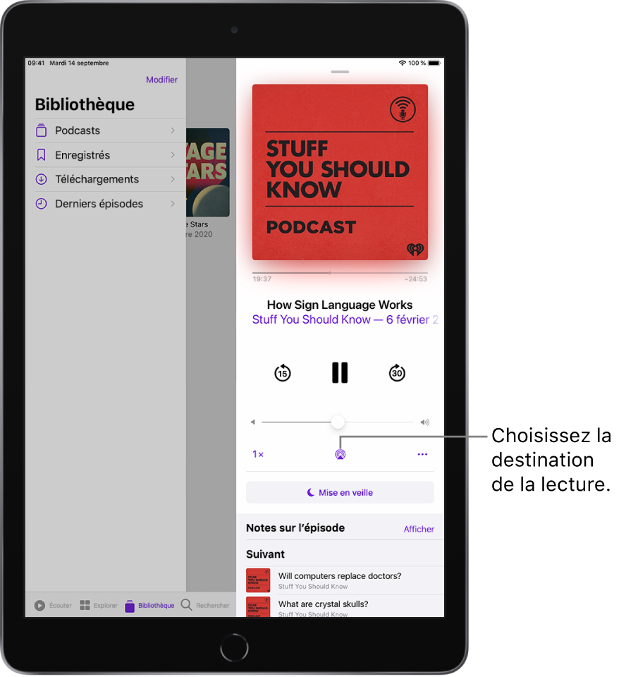 Les commandes « À l’écoute » de Musique. Le bouton « Destination pour la lecture » figure sur la commande de volume.