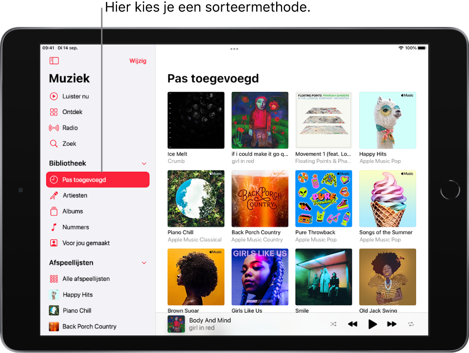 Het bibliotheekscherm met links de navigatiekolom waarin de woorden 'Onlangs toegevoegd' zijn gemarkeerd. Rechts zie je onlangs toegevoegde albums. De minispeler wordt rechtsonder weergegeven.