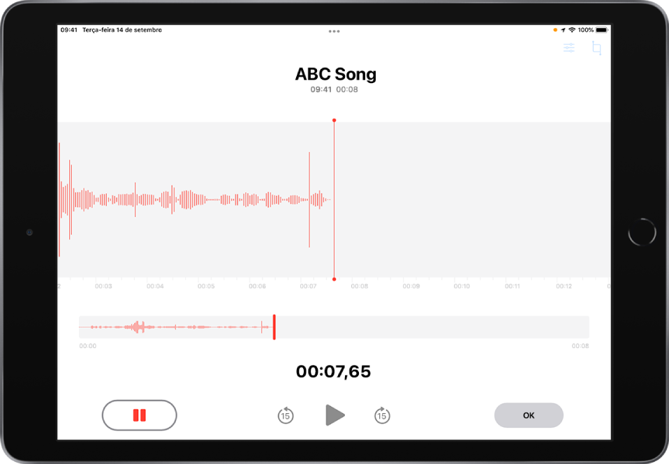Uma gravação do app Gravador em andamento, com o botão Pausar ativado e controles escurecidos para reproduzir, avançar 15 segundos e retroceder 15 segundos. A parte principal da tela mostra a forma de onda da gravação em andamento, além de um indicador de tempo. O Indicador laranja de Microfone em Uso aparece na parte superior direita.