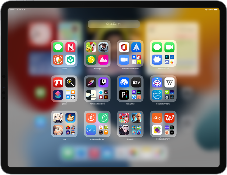 คลังแอปบน iPad ที่แสดงแอปที่ถูกจัดระเบียบตามหมวดหมู่ (การทำงานและการเงิน, เครือข่ายสังคม, ยูทิลิตี้, ความคิดสร้างสรรค์ และอื่นๆ)