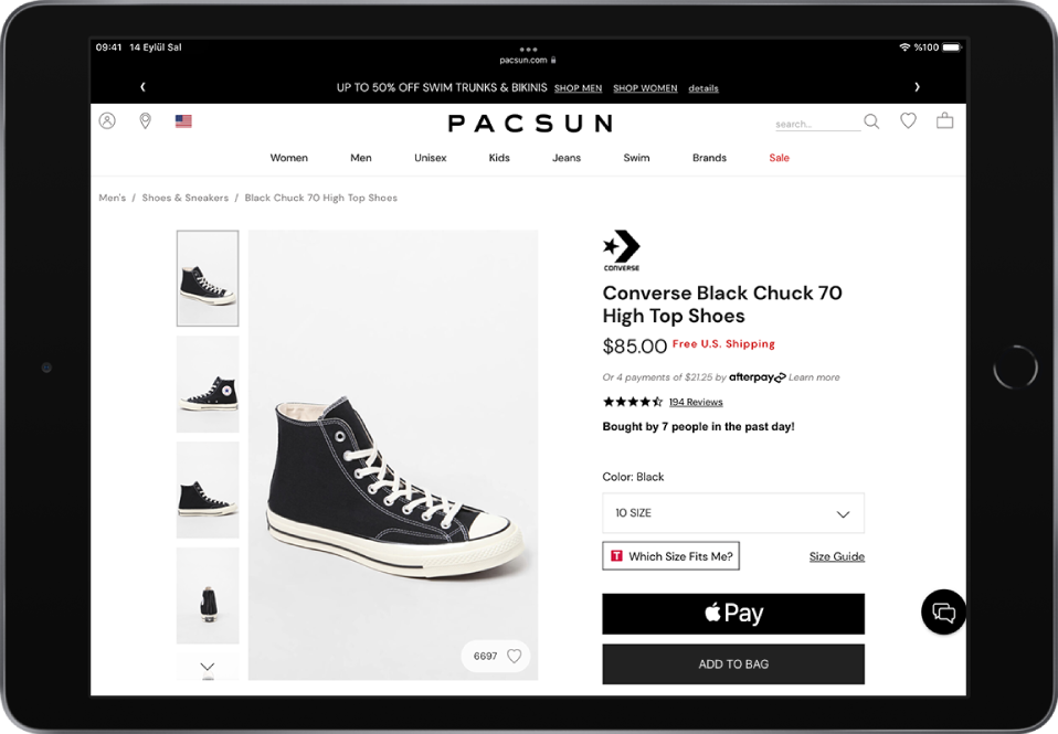 Sağ altta Apple Pay düğmesiyle bir ürün web sayfası.