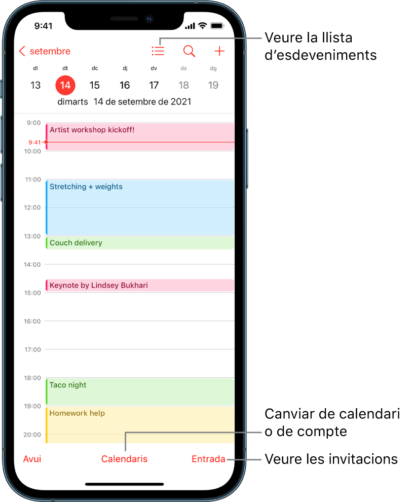 Calendari en vista de dia on es mostren els esdeveniments del dia. El botó Calendaris, al capdavall de la pantalla, et permet canviar els comptes del calendari. El botó Entrada de l’angle inferior dret et permet veure les invitacions.