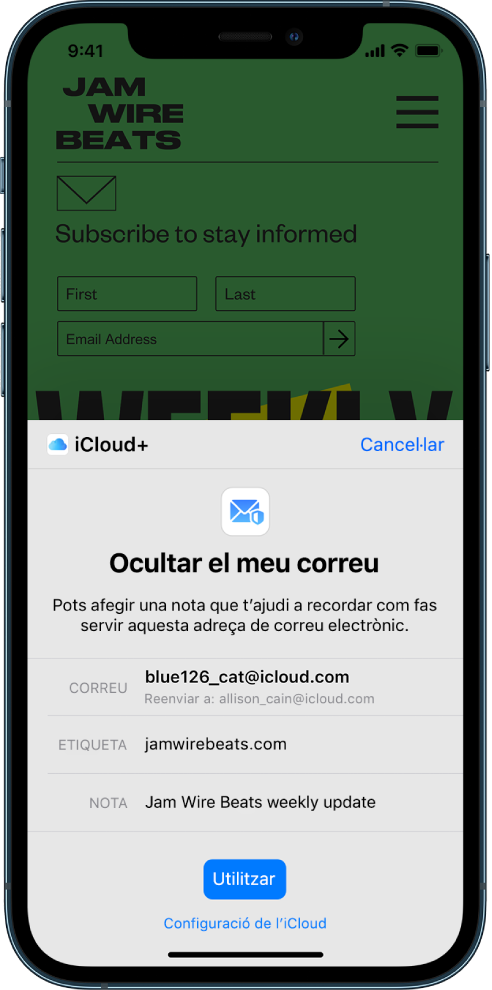 La meitat inferior de la pantalla és l’opció “Ocultar el meu correu” per a l’iCloud+. Enumera les adreces de correu electrònic generades aleatòriament, l’adreça de reenviament, una etiqueta i una nota. A la part inferior de la pantalla hi ha el botó Usar i un enllaç a la configuració de l’iCloud.