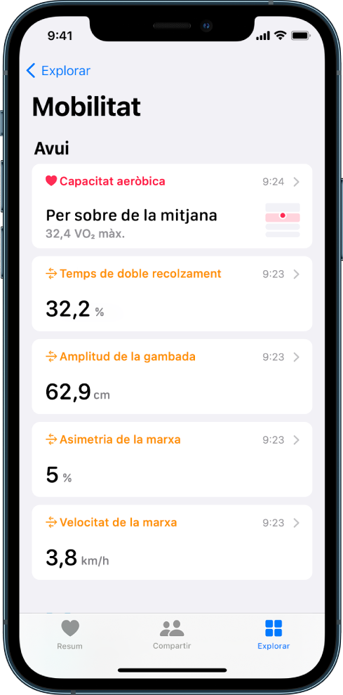 Categoria Mobilitat amb dades sobre l’exercici cardiovascular, el temps de doble recolzament, la longitud dels passos, l’asimetria de la marxa i la velocitat en caminar.