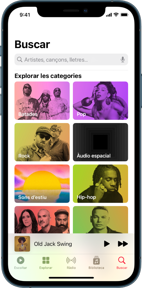 Pantalla de cerca amb el camp de cerca al capdamunt. A la secció “Explorar les categories” que hi ha a sota es mostren vuit categories.