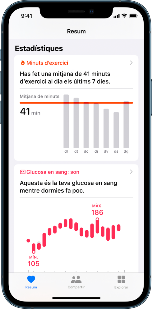 Pantalla de resum que mostra estadístiques destacades que inclouen els minuts d’exercici i la glucosa en sang quan l’usuari dorm.