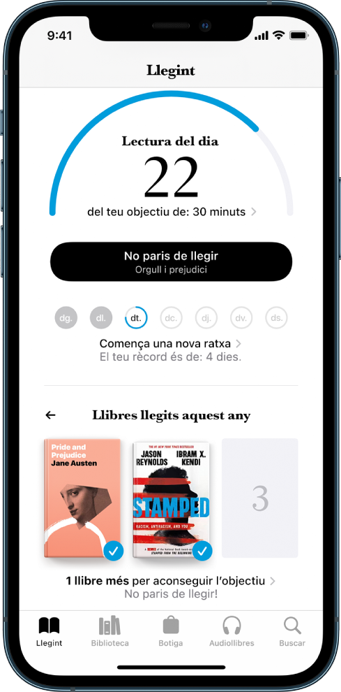 Secció “Objectius de lectura” a Llegint. El comptador de lectura mostra que has completat 10 minuts de l’objectiu de 20 minuts. A sota del comptador hi ha el botó “No paris de llegir” i cercles que mostren els dies de la setmana, de diumenge a dissabte, així com contorns blaus que indiquen el progrés de lectura del dia en qüestió. A la part inferior de la pàgina hi ha les portades dels “Llibres llegits aquest any”.