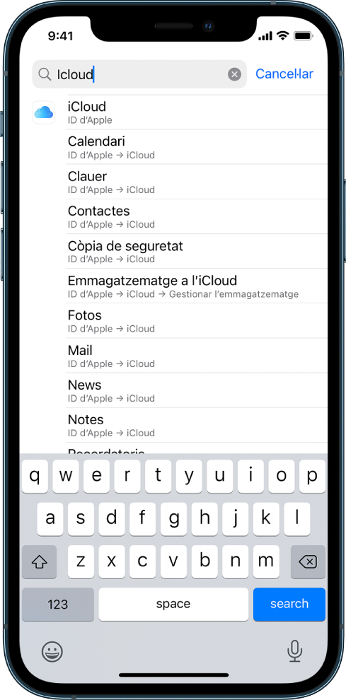 Pantalla de configuració de cerca amb el camp de cerca al capdamunt. Hi ha la paraula de cerca “iCloud” al camp de cerca i els resultats de paràmetres a la llista de sota.