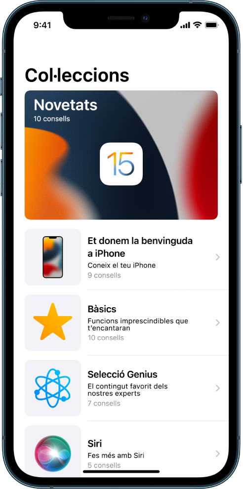 Pantalla que mostra col·leccions de consells amb fletxes cap a la dreta que indiquen que pots tocar una col·lecció per veure els consells que conté.