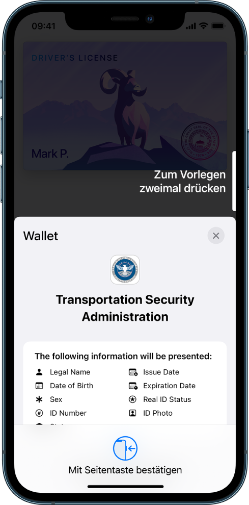 Ein Bildschirm, auf dem die von der TSA angeforderten Informationen angezeigt werden, darunter Name, Geburtsdatum, Ausweisnummer, Ausweisfoto und weitere.