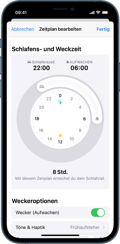 Bildschirm, auf dem für die Schlafenszeit 22:00 Uhr und für die Aufweckzeit 6:00 Uhr am folgenden Morgen eingestellt ist. Der Wecker zum Aufwachen ist aktiviert. Der Weckton ist „Frühaufsteher“.