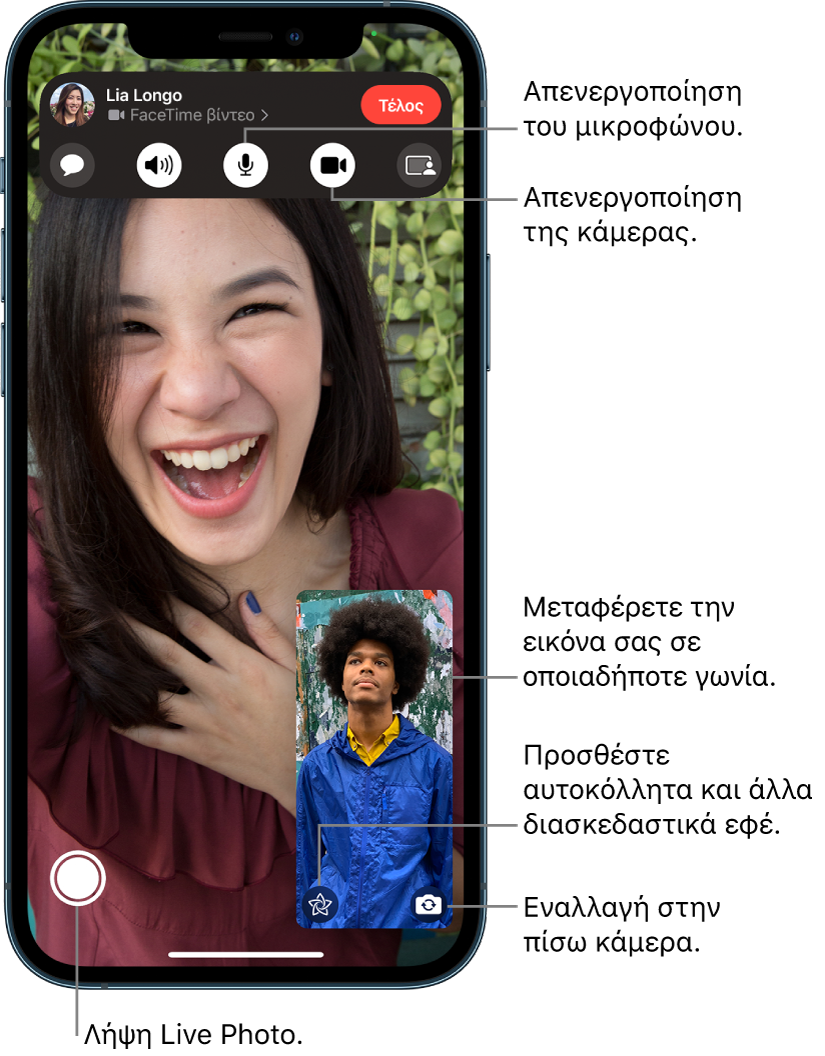 Η οθόνη του FaceTime που δείχνει μια κλήση σε εξέλιξη. Η εικόνα σας εμφανίζεται σε ένα μικρό ορθογώνιο κάτω δεξιά, και η εικόνα του άλλου ατόμου γεμίζει την υπόλοιπη οθόνη. Κατά μήκος του κάτω μέρους της οθόνης βρίσκονται τα κουμπιά: Live Photo, Εφέ, Εναλλαγή στην πίσω κάμερα. Τα χειριστήρια FaceTime βρίσκονται στο πάνω μέρος της οθόνης, συμπεριλαμβανομένων των κουμπιών: Άνοιγμα των Μηνυμάτων, Ήχος, Σίγαση ανενεργή, Κάμερα ενεργή, και Κοινή χρήση περιεχομένου. Στο πάνω μέρος των χειριστηρίων βρίσκονται το όνομα ή το Apple ID του ατόμου με το οποίο μιλάτε και το κουμπί «Έξοδος από την κλήση».