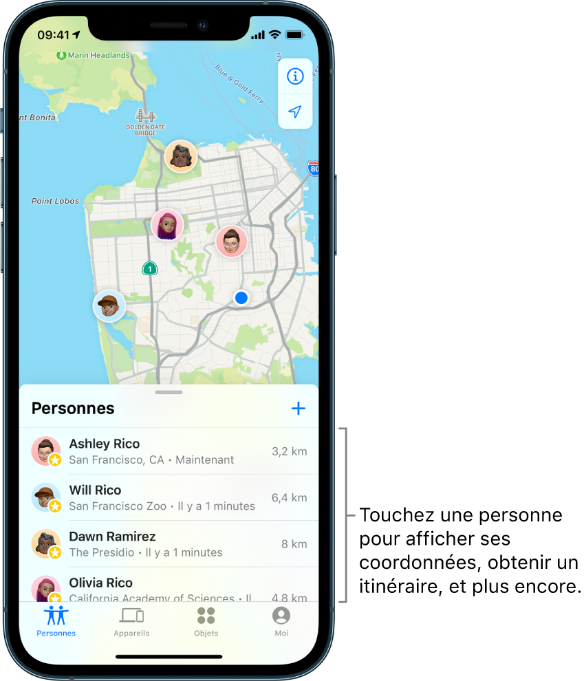 L’écran Localiser ouvert sur l’onglet Personnes. Il y a quatre personnes dans la liste : Ashley Rico, Will Rico, Dawn Ramirez et Olivia Rico. Leur position est affichée sur un plan de San Francisco.