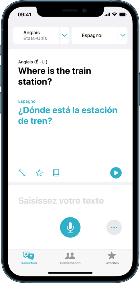 L’onglet Traduction, affichant deux sélecteurs de langue, anglais et espagnol, en haut de l’écran, une traduction au milieu et le champ « Saisir du texte » en bas.