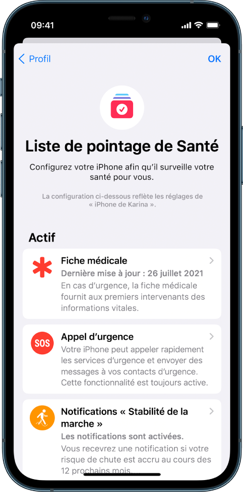 Écran « Liste de pointage de Santé » montrant que « Fiche médicale » et « Appel d’urgence » sont actifs.