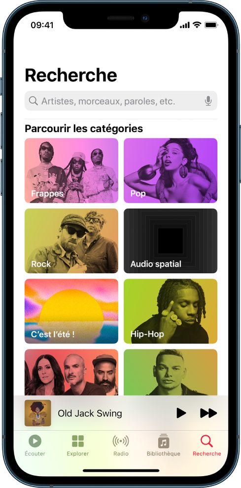 L’écran Rechercher, avec le champ de recherche en haut. La section « Parcourir les catégories » en dessous affiche huit catégories.