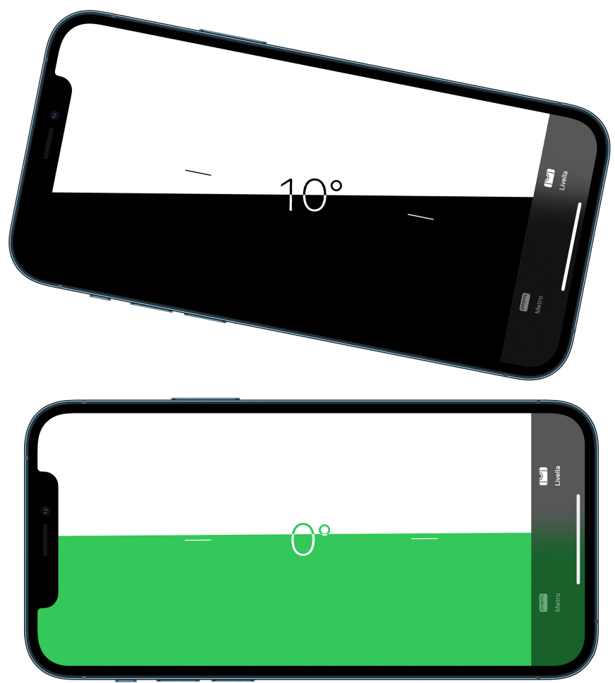 La schermata della livella. In alto, iPhone presenta un angolo di inclinazione di dieci gradi; i basso, iPhone è in piano.