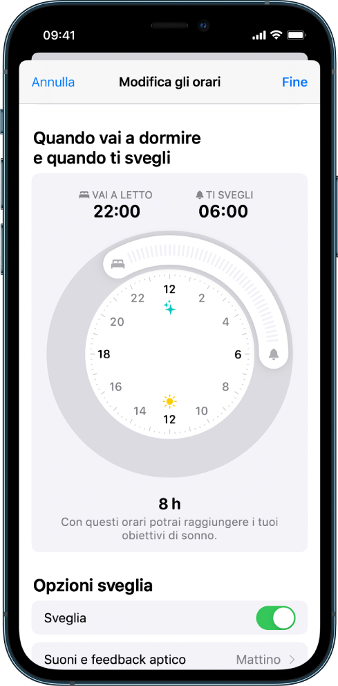 Una schermata che mostra le 22:00 come orario per andare a dormire stasera e le 6:00 come orario a cui svegliarsi domattina. La suoneria della sveglia è attiva e il suono selezionato è Mattino.