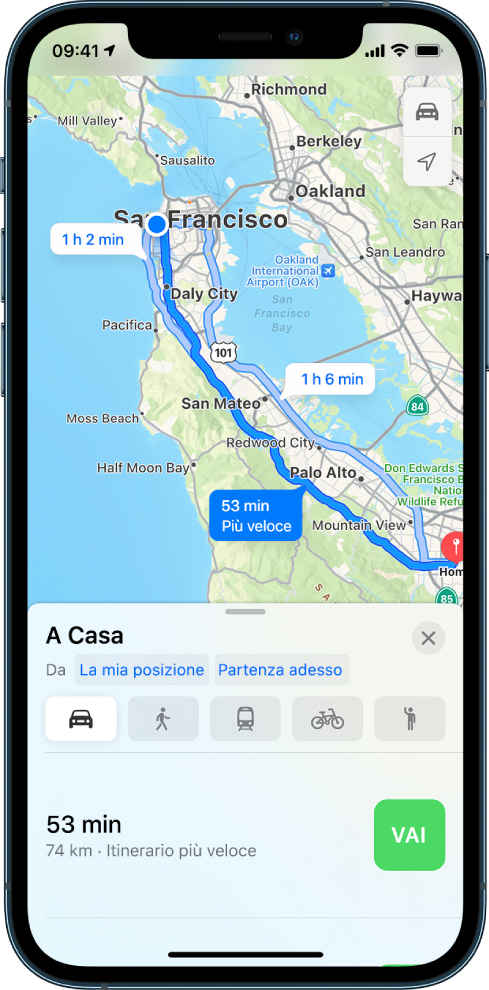 Una mappa di un itinerario in auto con il pulsante Vai in basso a destra.