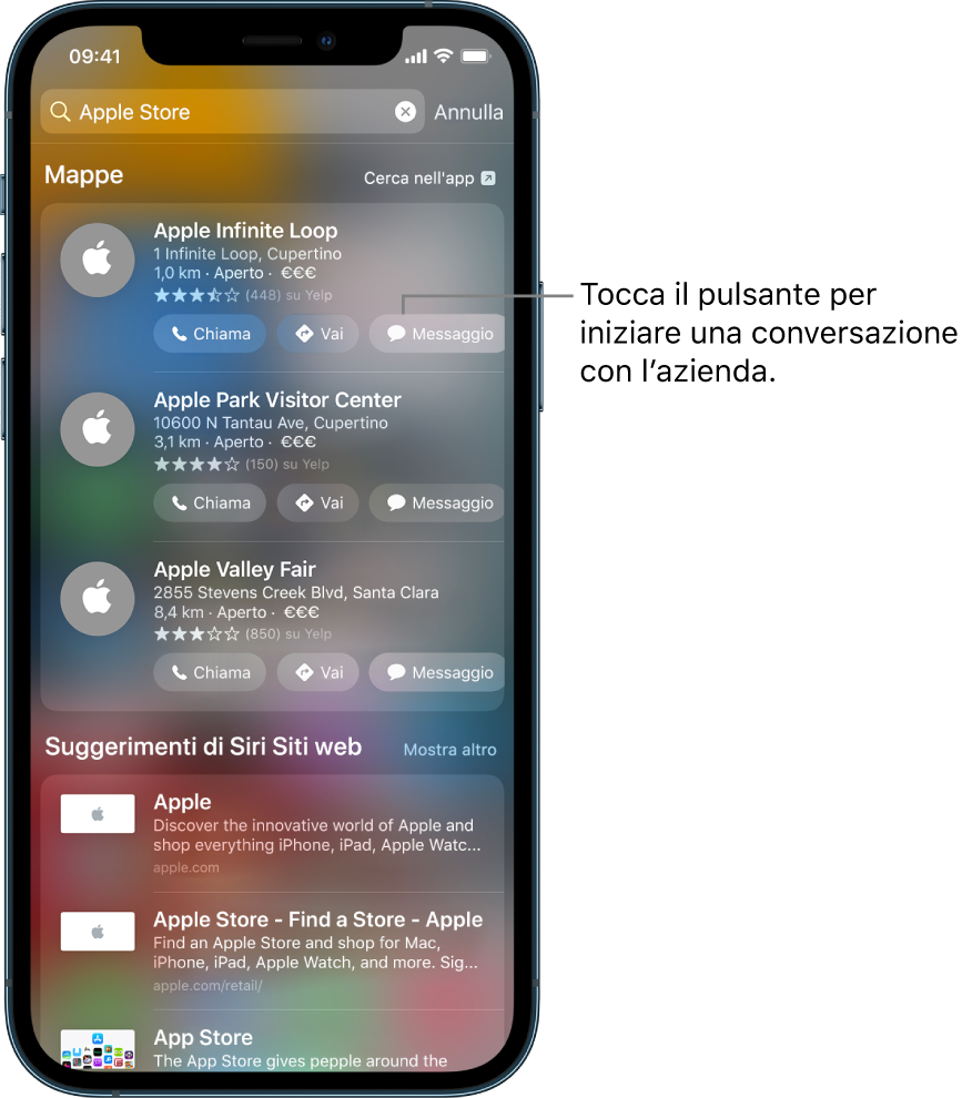 La schermata Cerca che mostra gli elementi trovati per Mappe. Ogni risultato mostra una breve descrizione, una valutazione o un indirizzo e ogni sito web mostra un URL. I primi tre risultati mostrano un pulsante per iniziare una chat con Apple Store.