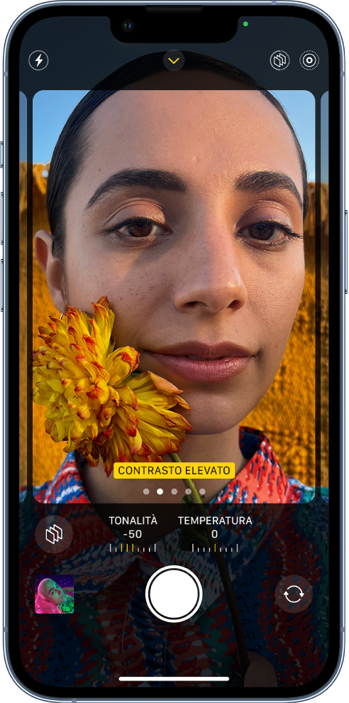 L'app Fotocamera è aperta ed è visibile la schermata degli stili fotografici. Nell'angolo in alto a sinistra della schermata si trova il pulsante Flash. In alto al centro è presente il pulsante “Controlli fotocamera”; il pulsante è attivato. Nell'angolo in alto a destra sono presenti i pulsanti “Stili fotografici attivi” e Live Photo. Lo stile “Contrasto elevato” nell'inquadratura della fotocamera riempie lo schermo. Sotto l'inquadratura della fotocamera sono presenti i pulsanti degli stili, i cursori per regolare i valori di tonalità e temperatura e il pulsante per ripristinare gli stili. Nella parte inferiore dello schermo sono visibili, da sinistra a destra, il pulsante per visualizzare le foto e i video, il pulsante di scatto e il selettore per la fotocamera posteriore.