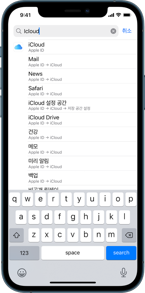 검색 필드가 상단에 있는 검색 설정 화면. 검색 필드에 ‘iCloud’라는 검색어가 있고 검색된 설정이 아래 목록에 표시됨.