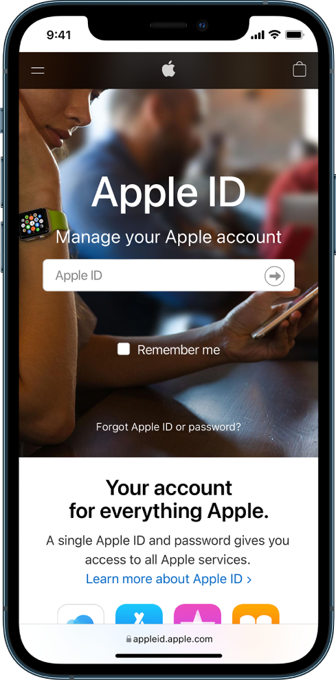„Safari“ ekranas, skirtas prisijungti prie „Apple ID“ paskyros.