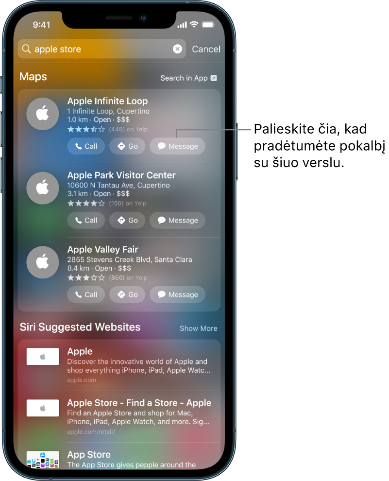 Paieškos ekrane rodomi rasti „Maps“ elementai. Pateikiamas trumpas kiekvieno rezultato aprašymas, įvertinimas arba adresas ir nurodyti visų svetainių URL. Prie pirmų trijų rezultatų rodomas mygtukas, kurį palietus pradedamas verslo pokalbis su „Apple Store“.