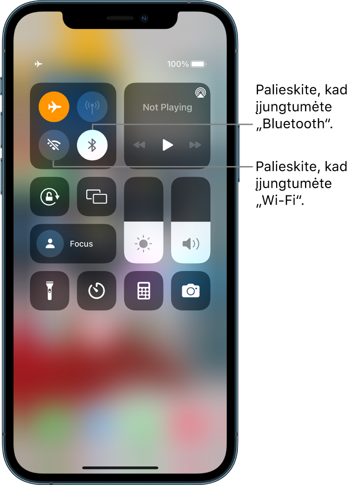 „Control Center“ su įjungtu lėktuvo režimu. „Wi-Fi“ ir „Bluetooth“ įjungimo mygtukai yra šalia viršutinio kairiojo „Control Center“ kampo.