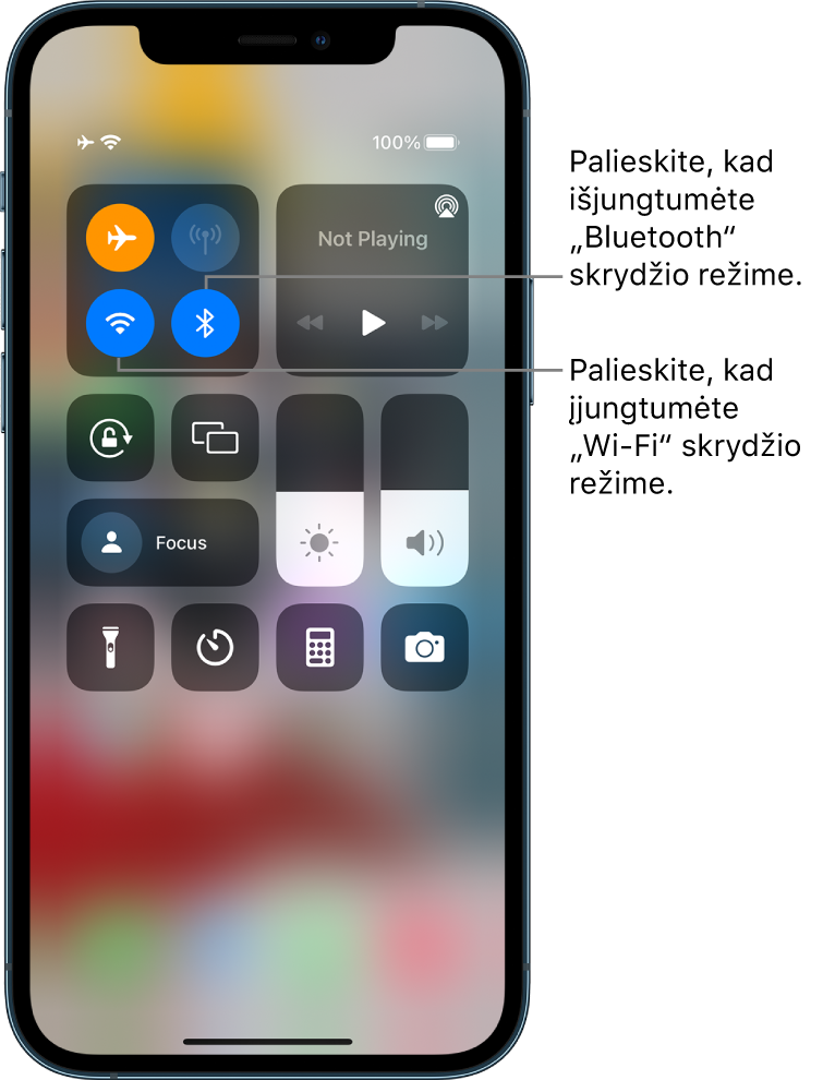 „Control Center“ su įjungtu lėktuvo režimu. Viršutinių kairiųjų valdiklių grupėje yra mygtukas „Wi-Fi“ (apačioje kairėje) ir mygtukas „Bluetooth“ (apačioje dešinėje).