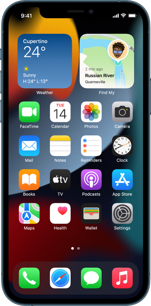 „iPhone“ pradžios ekranas įjungus „Dark Mode“.