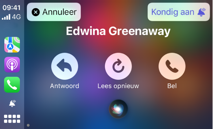 Siri geeft de opties voor beantwoorden, opnieuw voorlezen en bellen weer voor een inkomend tekstbericht in CarPlay. Linksbovenin zie je de knop 'Annuleer' en rechtsbovenin zie je de knop 'Kondig aan'.